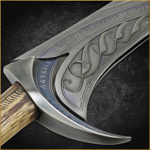 Detailed view of sword hilt with runes and wood handle
