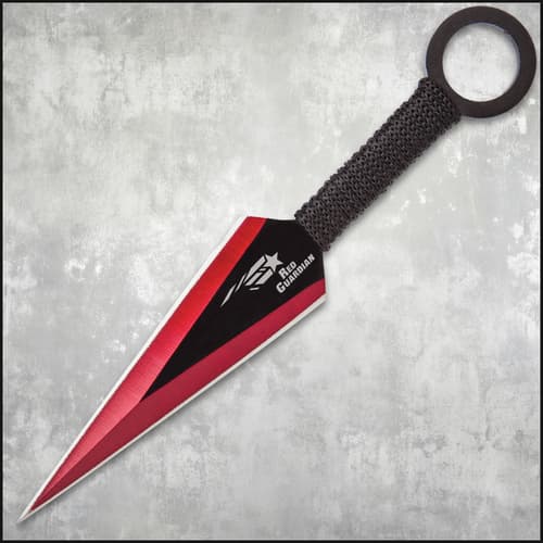 Red Guardian kunai with black cord-wrapped handle