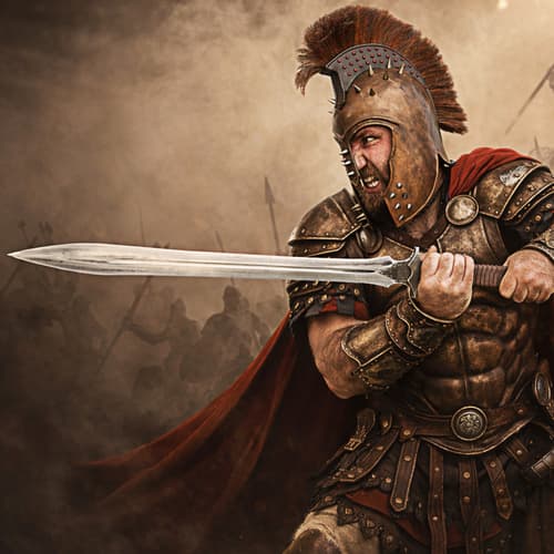 Warrior in armor wielding a sword in battle scene