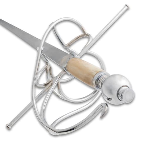 Detailed view of rapier's bone grip and hilt
