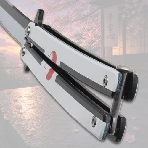 Close-up of butterfly knife handle and screws