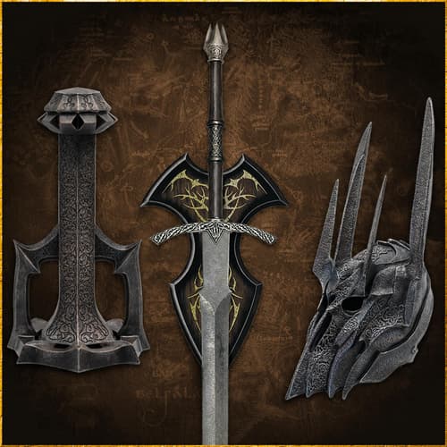 Ornate medieval sword, hammer, and helmet on a map background