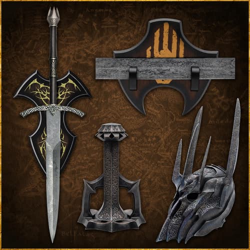 Fantasy weapons and armor displayed on a map background