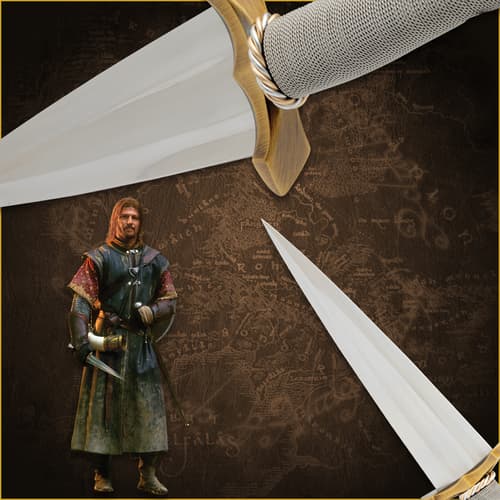 Close-up of a dagger with a character holding it