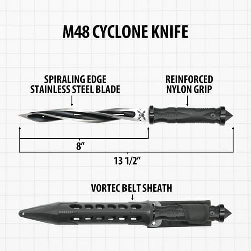 M48 Cyclone Knife with spiraling blade, nylon grip, and sheath