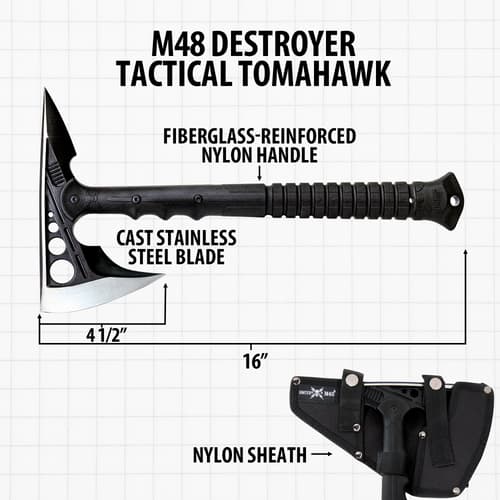 M48 Destroyer Tactical Tomahawk with labeled features and sheath