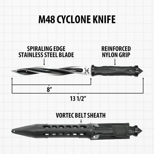 M48 Cyclone knife with dimensions and features labeled