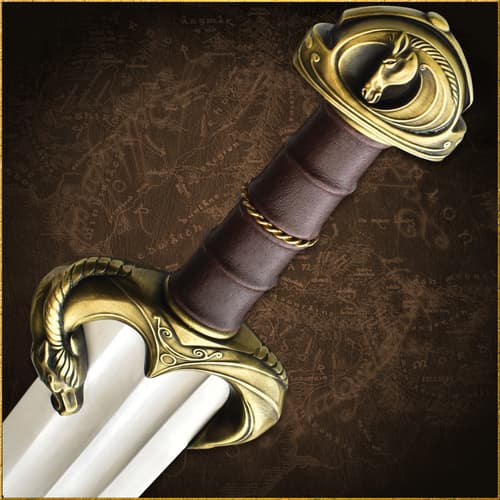 Close-up of a sword hilt with horse design and leather grip