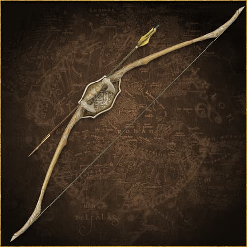Bow and arrow mounted on decorative plaque over a map background