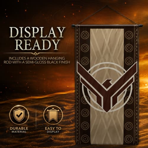 Display-ready banner with wooden hanging rod