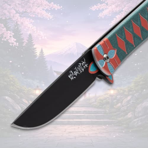 Close-up of knife blade with decorative handle