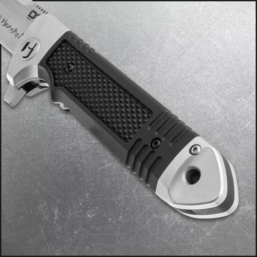 Close-up of Honshu knife handle with textured grip