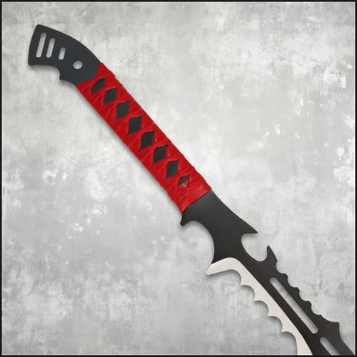 Close-up of sword handle wrapped in red