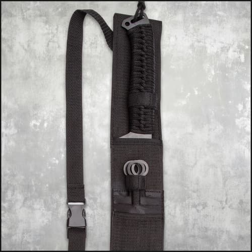 Black sheath holding a sword and kunai set