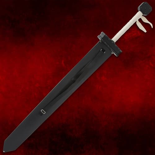 Sword sheathed in black cover on red background