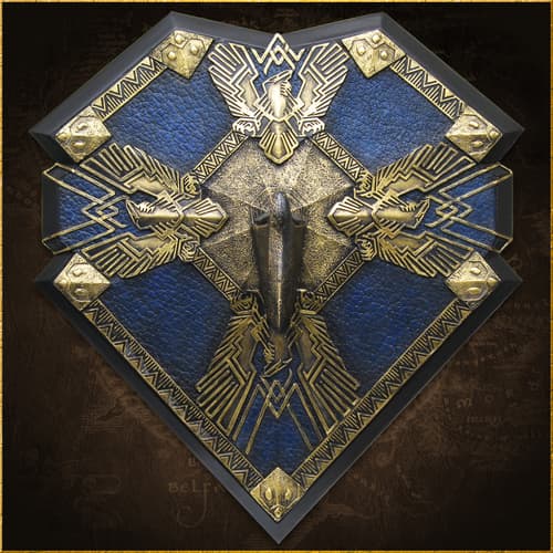 Decorative shield with gold and blue patterns