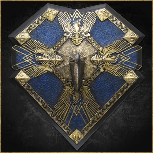 Decorative blue and gold shield with raven motifs