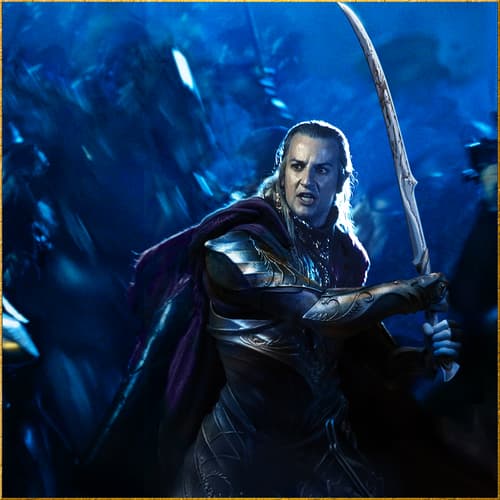 Armored figure holding a sword in a battle scene