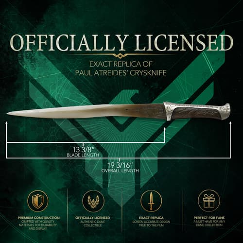 Officially licensed replica of Paul Atreides' crysknife with dimensions
