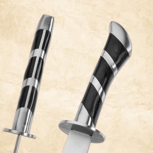 Close-up of scimitar's black and silver handle