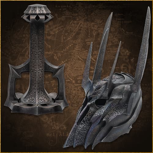 Sauron's helm and stand, intricate design, map background