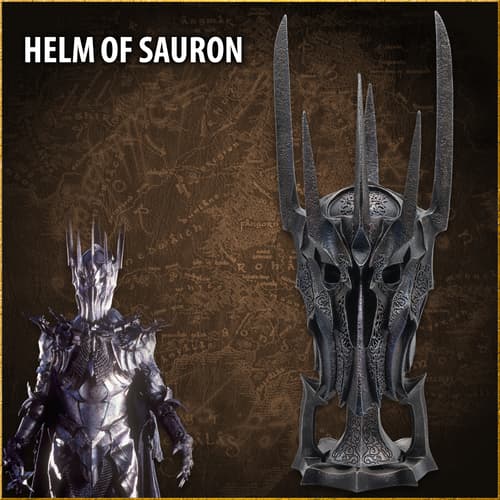 Helm of Sauron with character in armor on map background