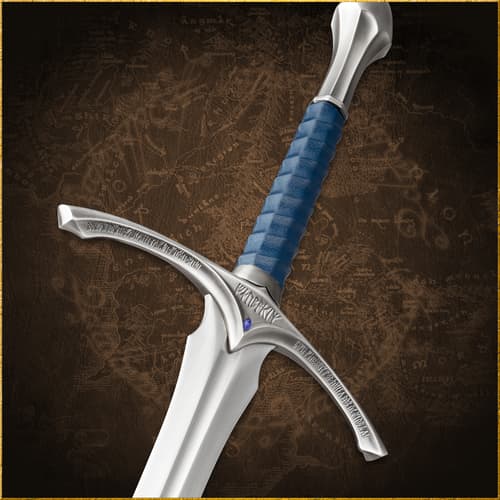 Close-up of Glamdring sword hilt with blue grip and engraved details