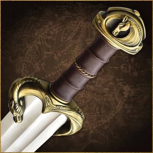 Sword hilt with horse design on map background