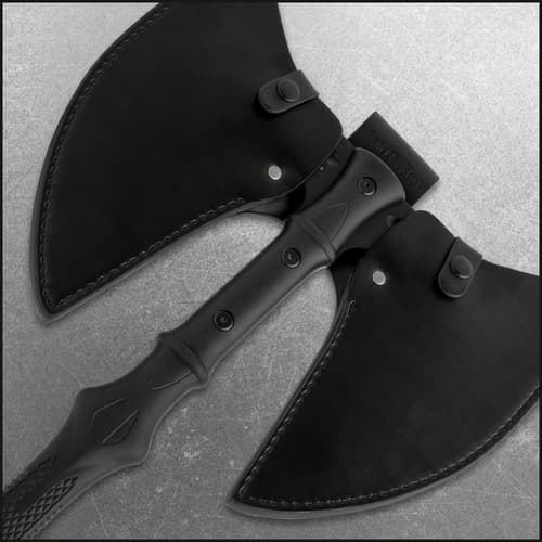 A closeup of the included leather axe sheath.