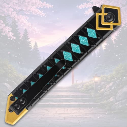 Knife handle with teal diamond pattern and pocket clip