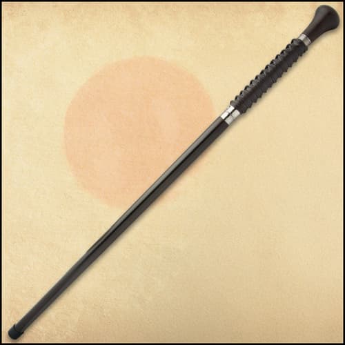 The handle has a brown wooden knob and is wrapped, Samurai sword-style, in faux rayskin and genuine brown leather