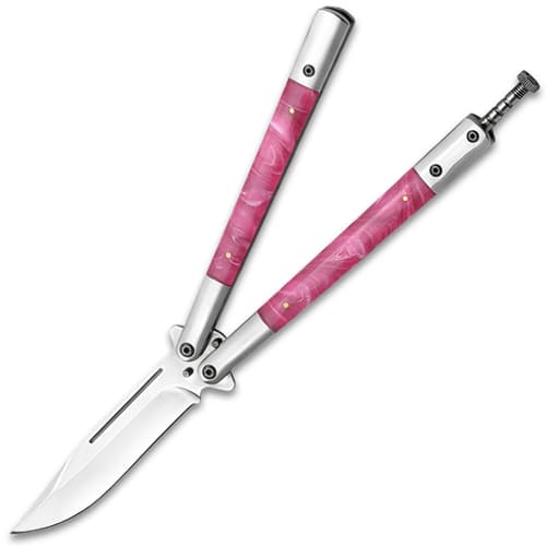Open butterfly knife with pink marble handle on white background