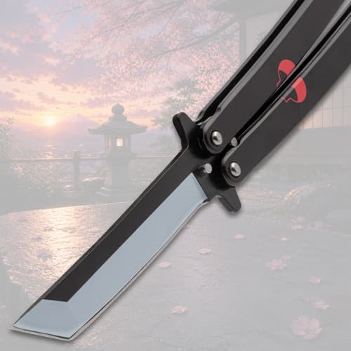 Blade of black butterfly knife with cherry blossom background