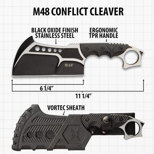 M48 Conflict Cleaver with measurements and sheath details