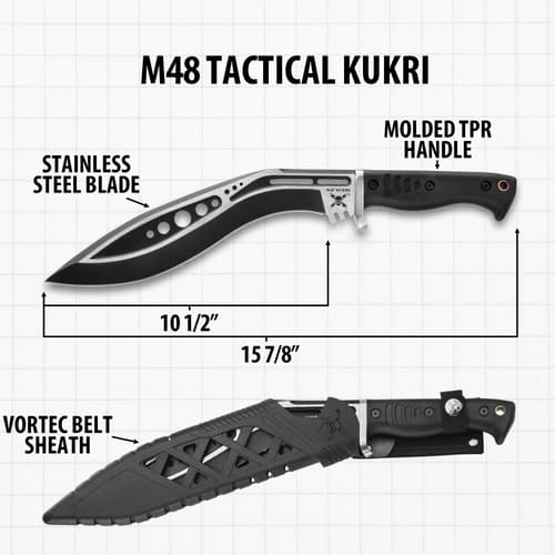 M48 Tactical Kukri with specifications and sheath