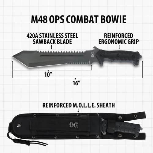 M48 OPS Combat Bowie knife with dimensions and features labeled