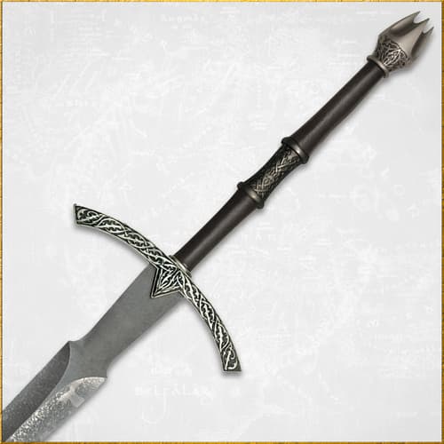 Lord of the Rings replica witch king stainless sword with a genuine leather wrapped handle displayed on a wooden wall plaque