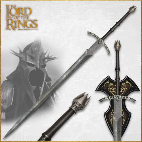 Lord of the Rings sword with stainless steel blade presented in angles showcasing a leather wrapped handle and crown pommel