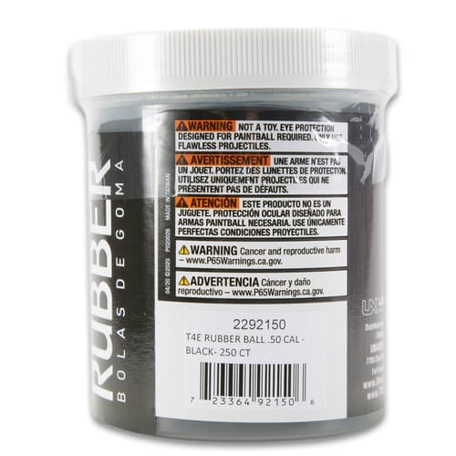 Back of T4E rubber ball container with warnings and barcode