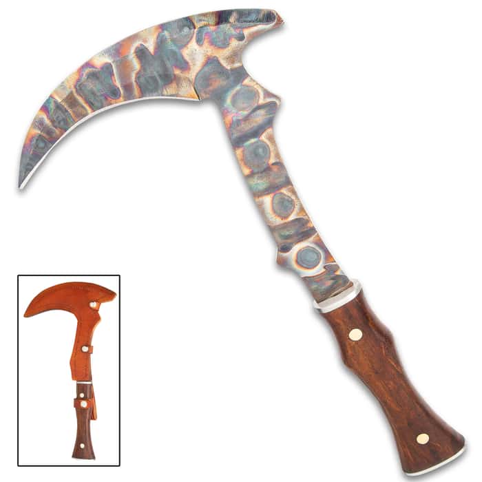 Gaul Warrior Sickle Knife With Sheath - Fire Kissed 1095 Carbon Steel Blade, Wooden Handle, Brass Pins - Length 15 1/4”