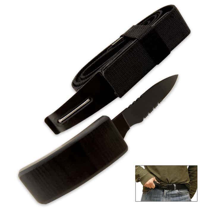 Ridge Runner Black Belt With Hidden Knife - Adjustable Canvas Belt, TPU Buckle, Black Stainless Steel Partially Serrated Blade,