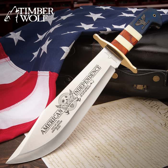 Timber Wolf 2020 American Independence Bowie With Sheath - 3Cr13 Stainless Steel Blade, Wood And Bone Handle, Brass Guard - Length 16”