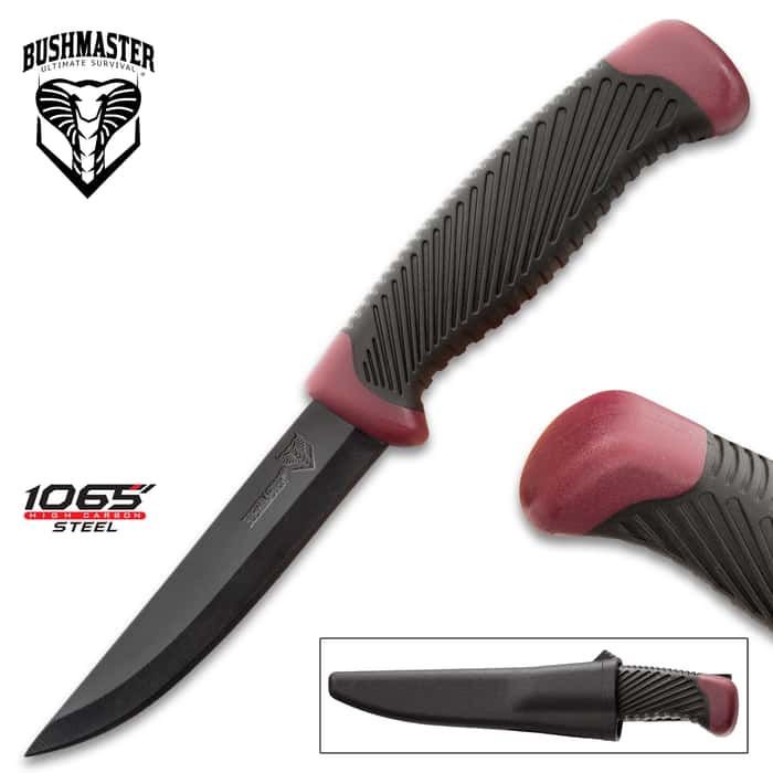 Bushmaster Maroon Carbon Steel Utility Knife - 1065 Carbon Steel Blade, Rubberized Handle, ABS Self-Draining Sheath