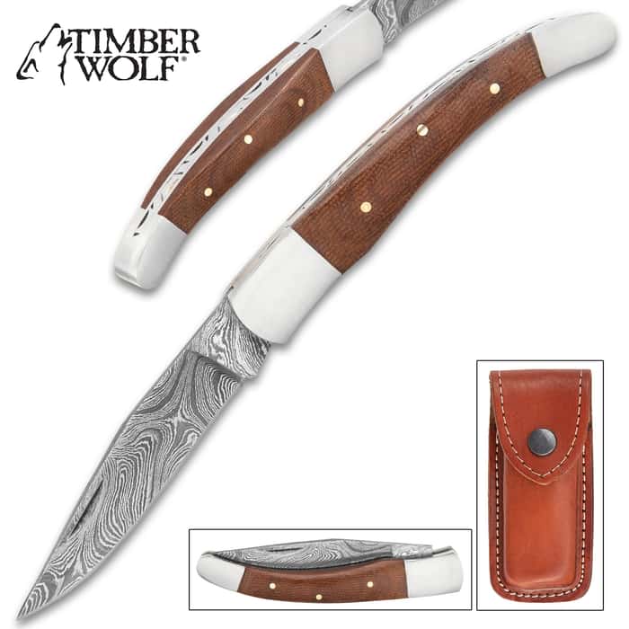 Timber Wolf Riverwood Pocket Knife - Damascus Steel Blade, Wooden Handle Scales, Stainless Steel Bolsters, Brass Pins
