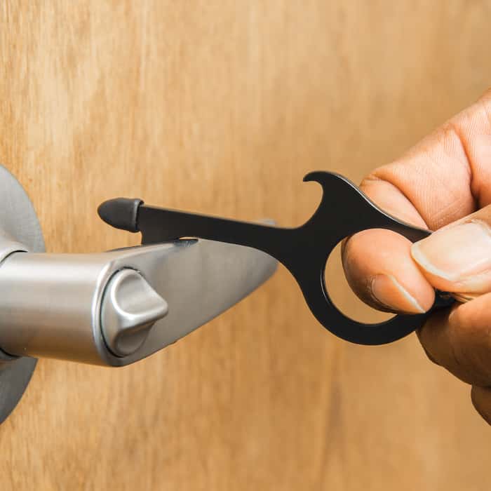If you’ve ever used the tail of your shirt or elbow to try and open a public bathroom door, you need our Touch Free Key Chain!
