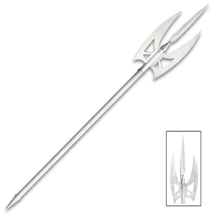 Three-Bladed Trident With Spike- Stainless Steel Construction, Ridged Handle, End Spike - Length 69 1/4”