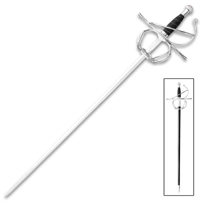 Rapier With Black Grip And Scabbard - Stainless Steel Blade, Metal Handle, TPU Grip, Metal Basket Guard - Length 44”