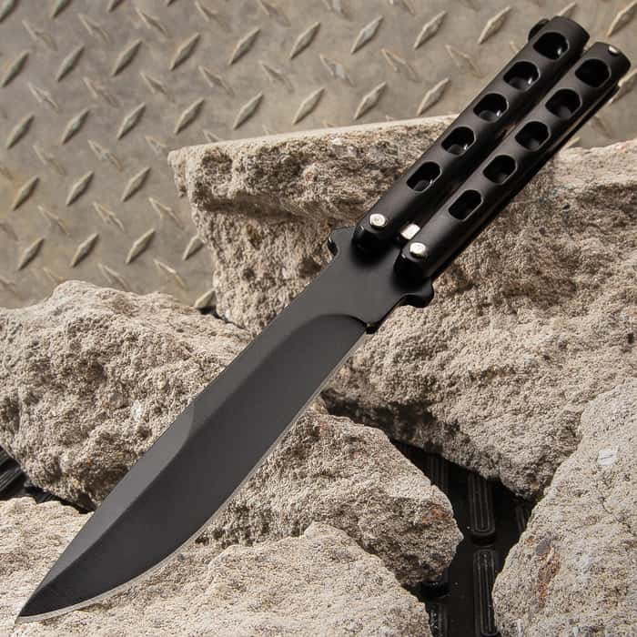 Black Slotted Butterfly Knife Stainless Steel Blade