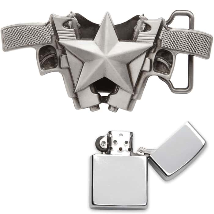 Double Pistol Star Belt Buckle With Lighter