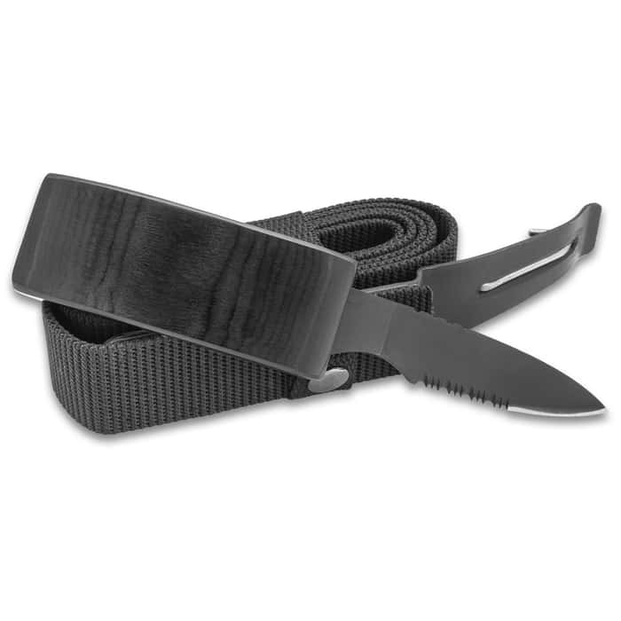 Ridge Runner Black Belt With Hidden Knife - Adjustable Canvas Belt, TPU Buckle, Black Stainless Steel Partially Serrated Blade,
